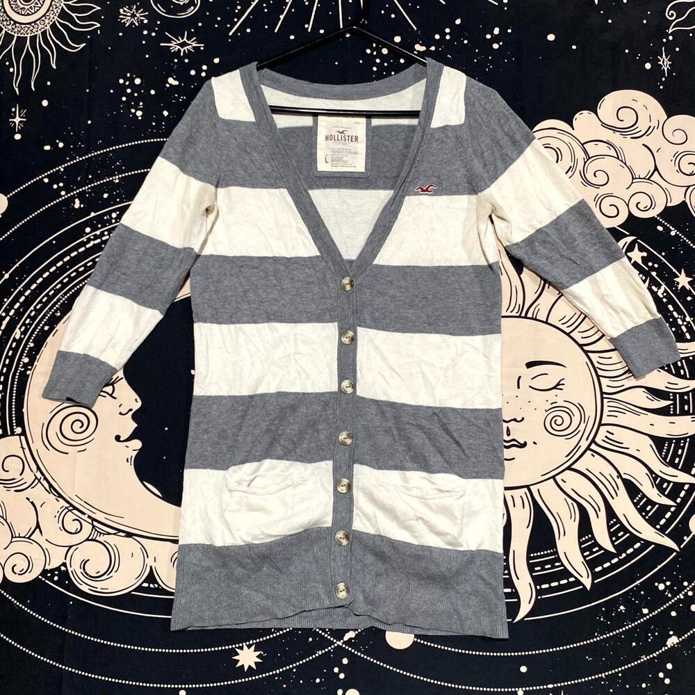 Hollister Sweater Women L Gray Cotton Tight-Knit Cardigan Striped Holiday Duster
